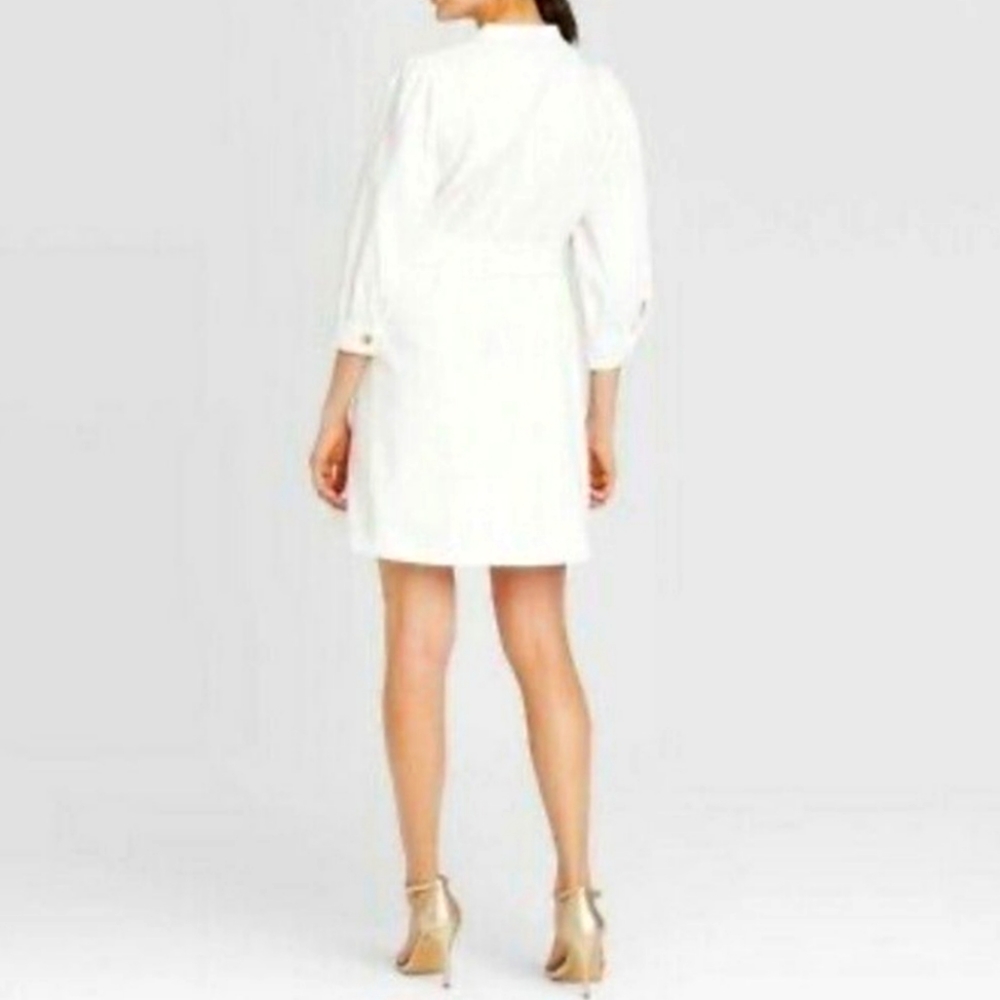 WHO WHAT WEAR White Denim Button Down Puff Sleeve Belted Mini Dress Size 1X - Picture 2 of 4
